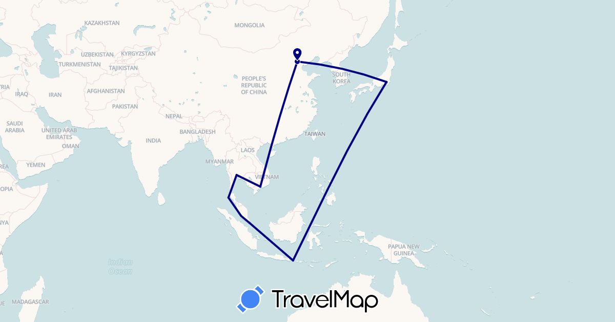 TravelMap itinerary: driving in China, Indonesia, Japan, Malaysia, Singapore, Thailand, Vietnam (Asia)
